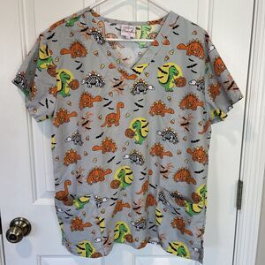 Halloween Large Scrub Top with Pockets Luv Scrubs Dinosaurs Kids Trick Or Treat